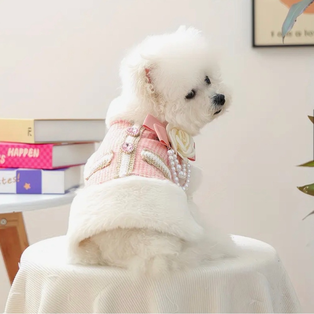 Elegant Pink Dog or Cat Fancy Jacket Coat Dress Outfit with Pearls and Faux Fur - Picture 3 of 15